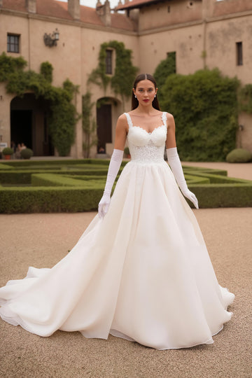 Elegant Ivory Court Train A-Line Bridal Dress (Without Gloves)